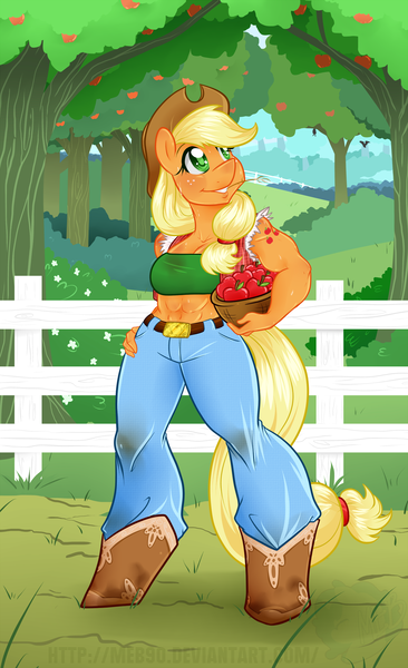 Size: 1600x2626 | Tagged: abs, alternative cutie mark placement, anthro, applebucking thighs, applejack, applejacked, artist:meb90, bandeau, belly button, derpibooru import, midriff, muscles, safe, solo, sweet apple acres