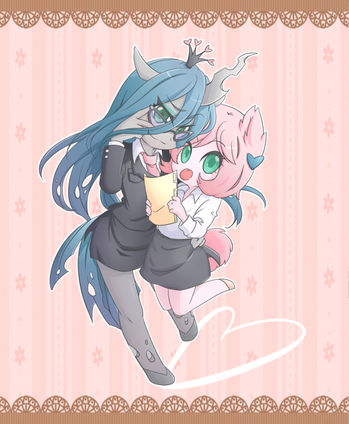 Size: 700x849 | Tagged: safe, artist:mow, derpibooru import, queen chrysalis, oc, oc:fluffle puff, anthro, :p, ambiguous facial structure, business suit, businessalis, businessmare, chrysipuff, clothes, female, glasses, lesbian, looking at you, pixiv, secretary, shipping, skirt, smiling, tongue out