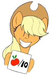 Size: 880x1250 | Tagged: applejack, approval, artist:kas92, artist:venezolanbrony, cute, derpibooru import, edit, grin, jackabetes, safe, score, score card, score cards, simple background, solo, that pony sure does love apples