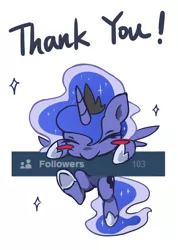 Size: 1091x1532 | Tagged: artist:grasspainter, blushing, chibi, cute, derpibooru import, followers, princess luna, safe, solo, thanks, thank you, tumblr