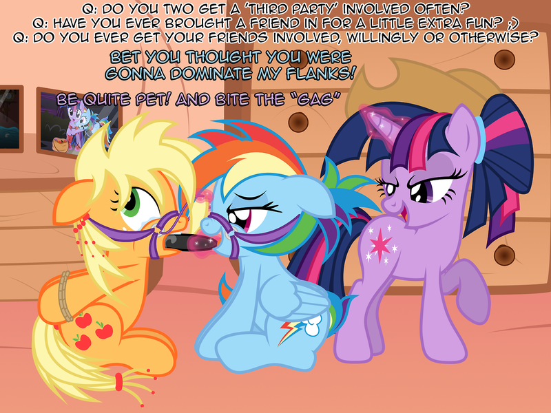 Size: 1280x960 | Tagged: questionable, artist:nightmaremoons, derpibooru import, applejack, rainbow dash, twilight sparkle, alternate hairstyle, appledash, applesub, bondage, bound together, bridle, crying, dashsub, dialogue, female, femsub, gag, image, lesbian, pecker gag, png, rope, shipping, show accurate, show accurate porn, submissive, twidom