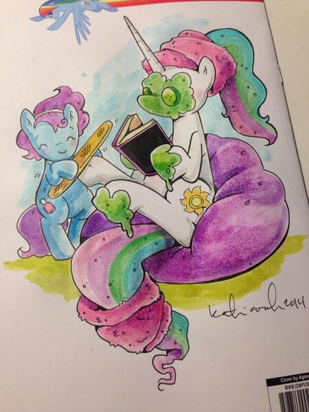 Size: 852x1136 | Tagged: artist:katiecandraw, blushing, book, cucumber, derpibooru import, facial, mud mask, nail file, princess celestia, reading, safe, smiling, spa, towel, traditional art