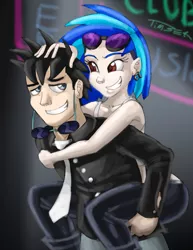 Size: 785x1017 | Tagged: artist:pluckyninja, derpibooru import, female, human, humanized, male, neon lights, piggyback ride, rising star, safe, shipping, smiling, straight, vinylights, vinyl scratch