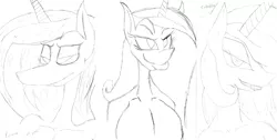 Size: 10033x5046 | Tagged: absurd resolution, anthro, artist:emdefmek, big breasts, breasts, busty princess cadance, derpibooru import, female, monochrome, nudity, princess cadance, princess celestia, princess luna, suggestive