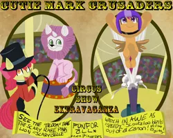 Size: 3500x2800 | Tagged: apple bloom, artist:fauxsquared, big cat, cannon, circus, clothes, costume, cutie mark crusaders, derpibooru import, helmet, lion, lion tamer, pony cannonball, poster, safe, scootaloo, sweetie belle, whip