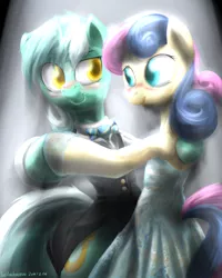 Size: 1600x2000 | Tagged: safe, artist:baitoubaozou, derpibooru import, bon bon, lyra heartstrings, sweetie drops, pony, semi-anthro, bipedal, clothes, dancing, female, lesbian, lyrabon, shipping