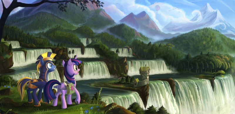 Size: 5000x2428 | Tagged: safe, artist:devinian, derpibooru import, twilight sparkle, twilight sparkle (alicorn), oc, oc:zephyr, alicorn, lizard, pony, canon x oc, female, forest, grin, mare, mountain, neighagra falls, open mouth, raised hoof, saddle bag, scenery, scenery porn, smiling, twiphyr, waterfall