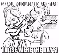 Size: 640x600 | Tagged: safe, artist:tebasaki, derpibooru import, applejack, pinkie pie, earth pony, pony, all in the family, banjo, dexterous hooves, grayscale, image macro, meme, monochrome, musical instrument, piano, stool, traditional art