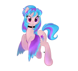 Size: 1024x939 | Tagged: artist:elimicho, choker, colored wings, derpibooru import, flying, gradient hooves, gradient wings, heterochromia, looking at you, :o, oc, oc:shiny dawn, safe, solo, spread wings, unofficial characters only