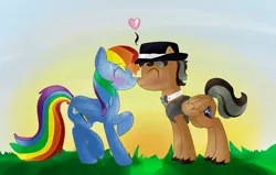 Size: 1311x834 | Tagged: safe, artist:godzelda123, artist:lordjeremy55, artist:roark030, derpibooru import, rainbow dash, oc, oc:storm chaser, pony, boop, canon x oc, cute, euphoric, fedora, hat, male, shipping, stallion, straight, trilby