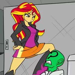 Size: 600x600 | Tagged: suggestive, artist:reiduran, derpibooru import, sunset shimmer, oc, oc:anon, human, equestria girls, bathroom, breasts, clothes, female, femdom, hand on hip, human male, humanized, it ain't gonna lick itself, jacket, male, missing cutie mark, sexual harassment, skirt, stall