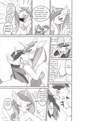 Size: 1718x2455 | Tagged: artist:yoona, blushing, changeling, comic, comic:solitary pupa, derpibooru import, disguise, disguised changeling, doujin, fake cadance, fangs, female, kissing, licking lips, male, monochrome, princess cadance, queen chrysalis, shining armor, shining chrysalis, straight, suggestive, translation