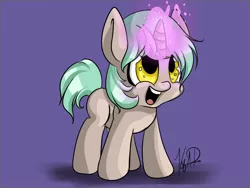 Size: 1024x768 | Tagged: safe, artist:mare--in--the--moon, derpibooru import, oc, unofficial characters only, pony, unicorn, cel shading, magic, open mouth, simple background, smiling, solo