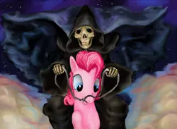 Size: 750x550 | Tagged: artist needed, safe, derpibooru import, pinkie pie, earth pony, pony, binky, binky pie, bit, bridle, cover art, crossover, discworld, female, grim reaper, mare, reins, riding