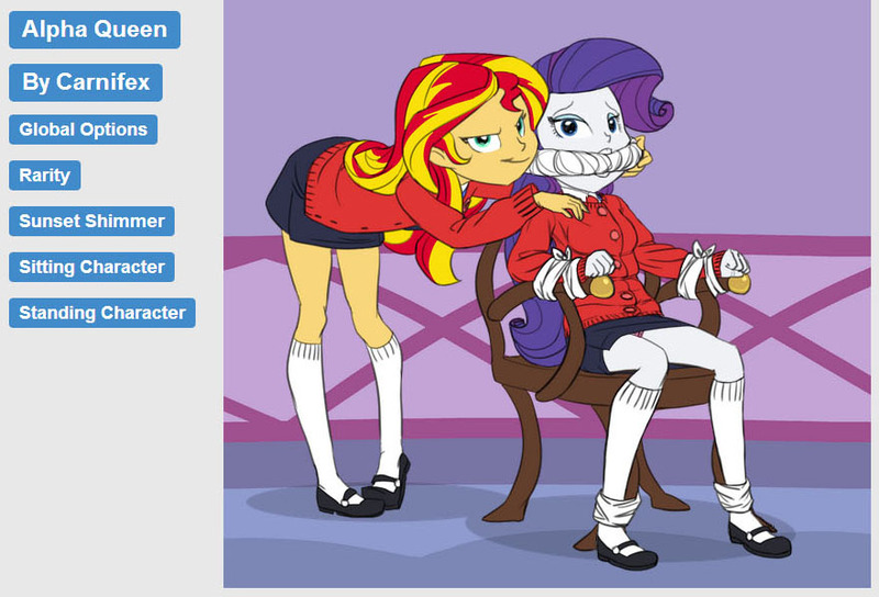 Size: 881x599 | Tagged: suggestive, artist:carnifex, derpibooru import, rarity, sunset shimmer, equestria girls, bondage, cloth gag, clothes, gag, mary janes, panties, promo, school uniform, skirt, underwear, upskirt