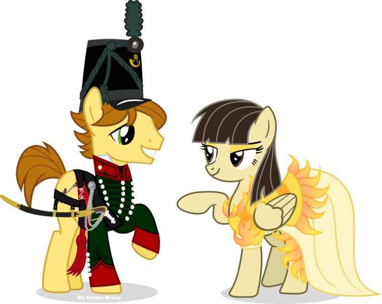 Size: 3799x3019 | Tagged: safe, artist:vector-brony, derpibooru import, wild fire, oc, oc:mandopony, earth pony, pegasus, pony, army, british, british army, clothes, dress, female, hat, male, mandofire, saber, shako, sharpshooter, shipping, simple background, straight, transparent background, uniform, vector, weapon