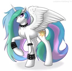 Size: 1000x986 | Tagged: safe, artist:spiggy-the-cat, derpibooru import, princess celestia, alicorn, pony, bracelet, chains, choker, ear piercing, looking at you, metal, metal as fuck, metalestia, piercing, raised hoof, simple background, smiling, solo, spiked choker, spiked wristband, spread wings, white background