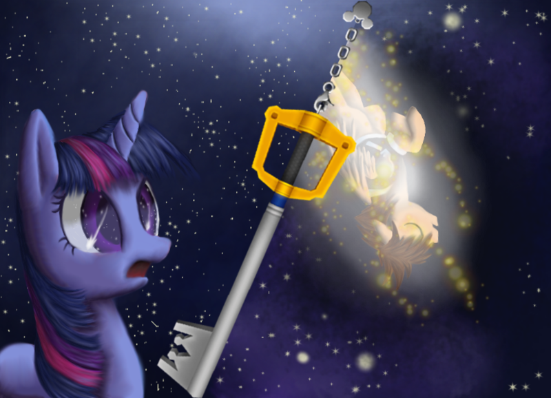 Size: 830x600 | Tagged: artist:xilenobody143, crossover, derpibooru import, falling, keyblade, kingdom hearts, kingdom hearts of harmony, safe, sora, stars, twilight sorakle, twilight sparkle