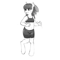 Size: 5000x5000 | Tagged: safe, artist:kevinsano, derpibooru import, apple bloom, anthro, unguligrade anthro, absurd resolution, belly button, clothes, compression shorts, female, grayscale, image, monochrome, open mouth, png, shorts, simple background, sketch, smiling, solo, wet mane, white background