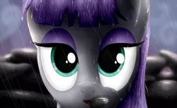 Size: 800x488 | Tagged: artist:everypone, derpibooru import, maud pie, mouth hold, rain, rock, safe, solo