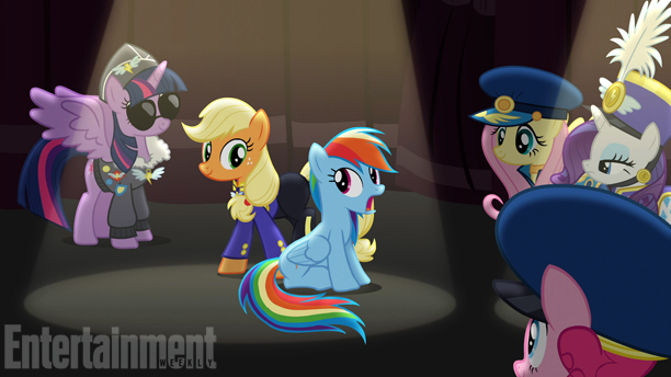 Size: 612x344 | Tagged: safe, derpibooru import, screencap, applejack, fluttershy, pinkie pie, rainbow dash, rarity, twilight sparkle, twilight sparkle (alicorn), alicorn, pony, testing testing 1-2-3, clothes, female, hatless, mane six, mare, missing accessory, sitting, uniform