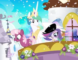 Size: 900x695 | Tagged: artist:pixelkitties, balcony, cheerilee, confetti, crossover, derpibooru import, littlest pet shop, princess celestia, safe, textless, voice actor joke, zoe trent