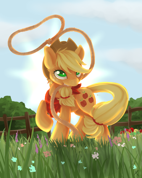 Size: 2169x2713 | Tagged: applejack, artist:savannaeve, bandana, derpibooru import, fence, grass, lasso, mouth hold, raised hoof, safe, solo