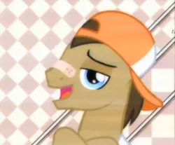 Size: 399x331 | Tagged: safe, derpibooru import, screencap, doctor whooves, time turner, testing testing 1-2-3, backwards ballcap, baseball cap, hat, solo