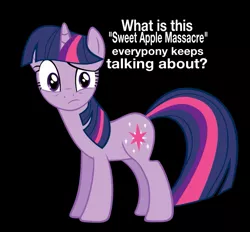 Size: 927x862 | Tagged: bronybait, confused, derpibooru import, fanfic, fanfic art, fanfic:sweet apple massacre, meme, semi-grimdark, solo, suggestive, text, this will end in tears, twilight sparkle, what do