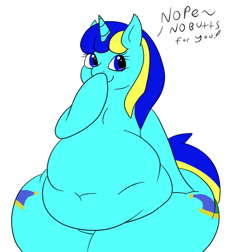 Size: 500x500 | Tagged: safe, artist:watertimdragon, derpibooru import, oc, oc:jester bells, unofficial characters only, pony, belly, bipedal, dialogue, fat, impossibly wide hips, morbidly obese, obese, solo, tilde, wide hips