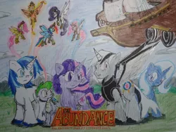 Size: 640x480 | Tagged: safe, artist:fergarcia220, derpibooru import, applejack, fluttershy, pinkie pie, rainbow dash, rarity, shining armor, spike, trixie, twilight sparkle, twilight sparkle (alicorn), oc, alicorn, pony, alicorn oc, applecorn, fanfic art, fanfic cover, fluttercorn, flying ship, mane six, pinkiecorn, race swap, rainbowcorn, raricorn, ship, xk-class end-of-the-world scenario