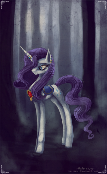 Size: 877x1420 | Tagged: artist:vongrell, derpibooru import, rarity, saddle, safe, solo, tree