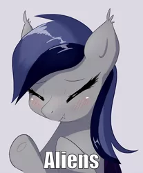 Size: 662x800 | Tagged: safe, artist:aymint, derpibooru import, edit, oc, alien, bat pony, pony, ancient aliens, blushing, cute, ear fluff, ear tufts, eyes closed, fangs, giorgio a. tsoukalos, gray background, image macro, meme, ocbetes, simple background, smiling, solo, underhoof