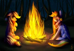 Size: 5710x4000 | Tagged: applejack, artist:vardastouch, campfire, clothes, derpibooru import, rainbow dash, safe, scarf