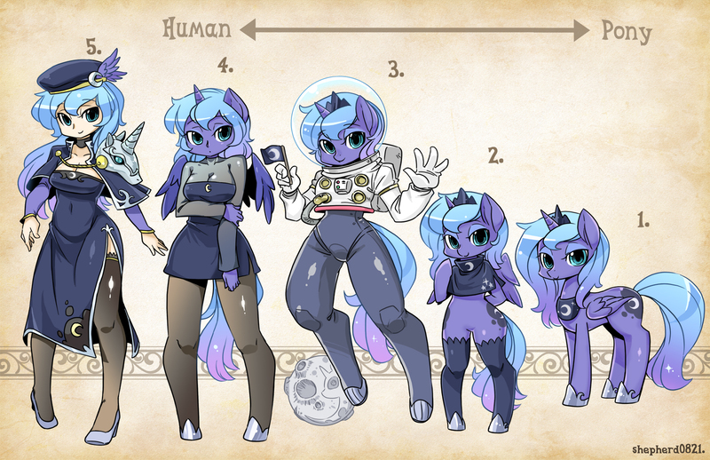 Size: 1600x1035 | Tagged: safe, artist:shepherd0821, derpibooru import, princess luna, alicorn, anthro, human, pony, semi-anthro, unguligrade anthro, anthro chart, anthro with ponies, astronaut, bipedal, cheongsam, cleavage, clothes, dress, female, humanized, line-up, s1 luna, side slit