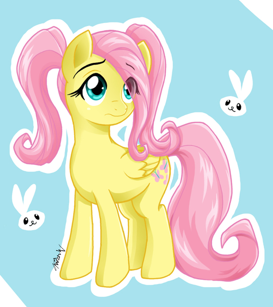 Size: 890x1000 | Tagged: safe, artist:kaizenwerx, derpibooru import, fluttershy, alternate hairstyle, pigtails, solo