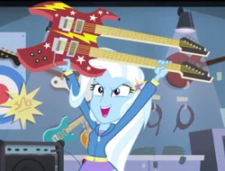 Size: 1103x839 | Tagged: safe, derpibooru import, screencap, trixie, equestria girls, guitar centered, rainbow rocks, double neck guitar, electric guitar, guitar, solo