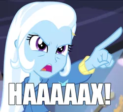 Size: 919x835 | Tagged: safe, derpibooru import, trixie, equestria girls, guitar centered, rainbow rocks, dr hax, gmod idiot box, hax, image macro, meme, pointing, pointing trixie, solo, text edit, trixie yells at everything