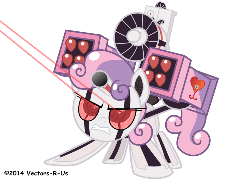 Size: 5000x3966 | Tagged: safe, artist:apony4u, derpibooru import, sweetie belle, pony, robot, unicorn, female, filly, foal, hooves, horn, laser pointer, simple background, solo, sweetie bot, teeth, weapon, white background