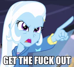 Size: 919x835 | Tagged: safe, derpibooru import, screencap, trixie, equestria girls, guitar centered, rainbow rocks, gtfo, image macro, meme, pointing trixie, reaction image, solo, trixie yells at everything, vulgar