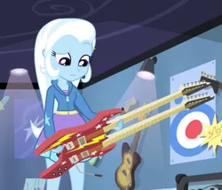 Size: 901x775 | Tagged: safe, derpibooru import, screencap, trixie, equestria girls, guitar centered, rainbow rocks, double neck guitar, electric guitar, guitar, solo