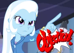 Size: 1132x809 | Tagged: safe, derpibooru import, trixie, equestria girls, guitar centered, rainbow rocks, ace attorney, image macro, meme, objection, phoenix wright, pointing, pointing trixie, solo, trixie yells at everything