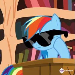 Size: 551x550 | Tagged: derpibooru import, hub logo, rainbow dash, safe, screencap, solo, sunglasses, testing testing 1-2-3