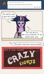 Size: 767x1290 | Tagged: artist:dreamingnoctis, ask asylum twilight, asylum, candy, chocolate, chocolate bar, derpibooru import, safe, solo, tumblr, twilight sparkle, willy wonka and the chocolate factory, wonka