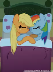 Size: 1999x2696 | Tagged: safe, artist:pajama-ham, derpibooru import, applejack, rainbow dash, appledash, cuddling, eyes closed, female, lesbian, shipping, side, sleeping, smiling, snuggling