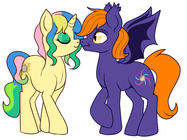 Size: 600x450 | Tagged: safe, artist:lulubell, derpibooru import, oc, unofficial characters only, bat pony, pony, unicorn, boop, eyes closed, fangs, female, male, nervous, noseboop, nuzzling, raised hoof, scrunchy face, shipping, simple background, smiling, spread wings, straight, transparent background