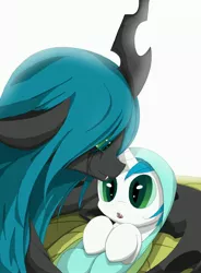 Size: 3000x4071 | Tagged: artist:midnightsonare, changeling, changepony, crying, cuteling, derpibooru import, feels, halfling, hybrid, interspecies offspring, love, mommy chrissy, motherly, oc, oc:mirror gleam, offspring, parenting, parent:queen chrysalis, parent:shining armor, parents:shining chrysalis, queen chrysalis, safe, tears of joy