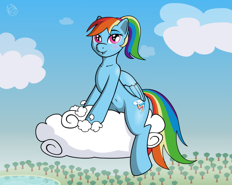 Size: 1000x800 | Tagged: safe, artist:bajanic, derpibooru import, rainbow dash, belly button, cloud, cloudy, solo