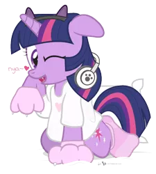 Size: 720x800 | Tagged: safe, artist:dm29, derpibooru import, twilight sparkle, twilight sparkle (alicorn), alicorn, pony, anatomically incorrect, cat ears, catgirl, clothes, cute, fangs, female, floppy ears, headphones, incorrect leg anatomy, julian yeo is trying to murder us, kneeling, looking at you, mare, nya, one eye closed, open mouth, paws, pillow, simple background, smiling, socks, solo, striped socks, transparent background, twiabetes, twilight cat, weapons-grade cute, wink
