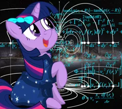 Size: 806x720 | Tagged: safe, artist:eagle1division, derpibooru import, twilight sparkle, pony, unicorn, adorkable, alcubierre drive, bow, chest fluff, clothes, cute, dork, eyes on the prize, fancy mathematics, female, general relativity, hair bow, happy, mare, math, open mouth, physics, raised hoof, ribbon, robe, science, sitting, smiling, solo, space, spaceship, star trek, star trek: the next generation, that pony sure does love science, twiabetes, uss enterprise, uss enterprise d, warp, warp theory